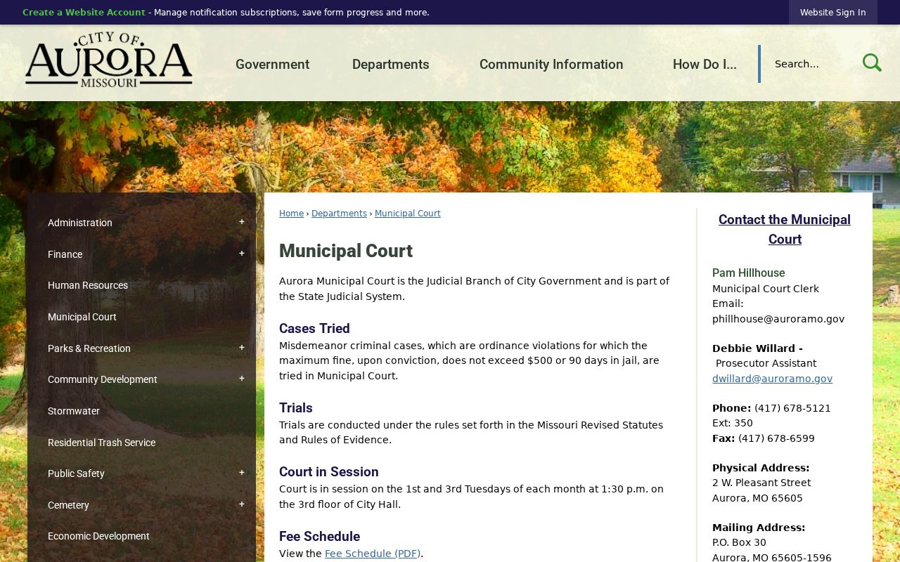 Aurora Missouri court records source showing Aurora Municipal Court information
