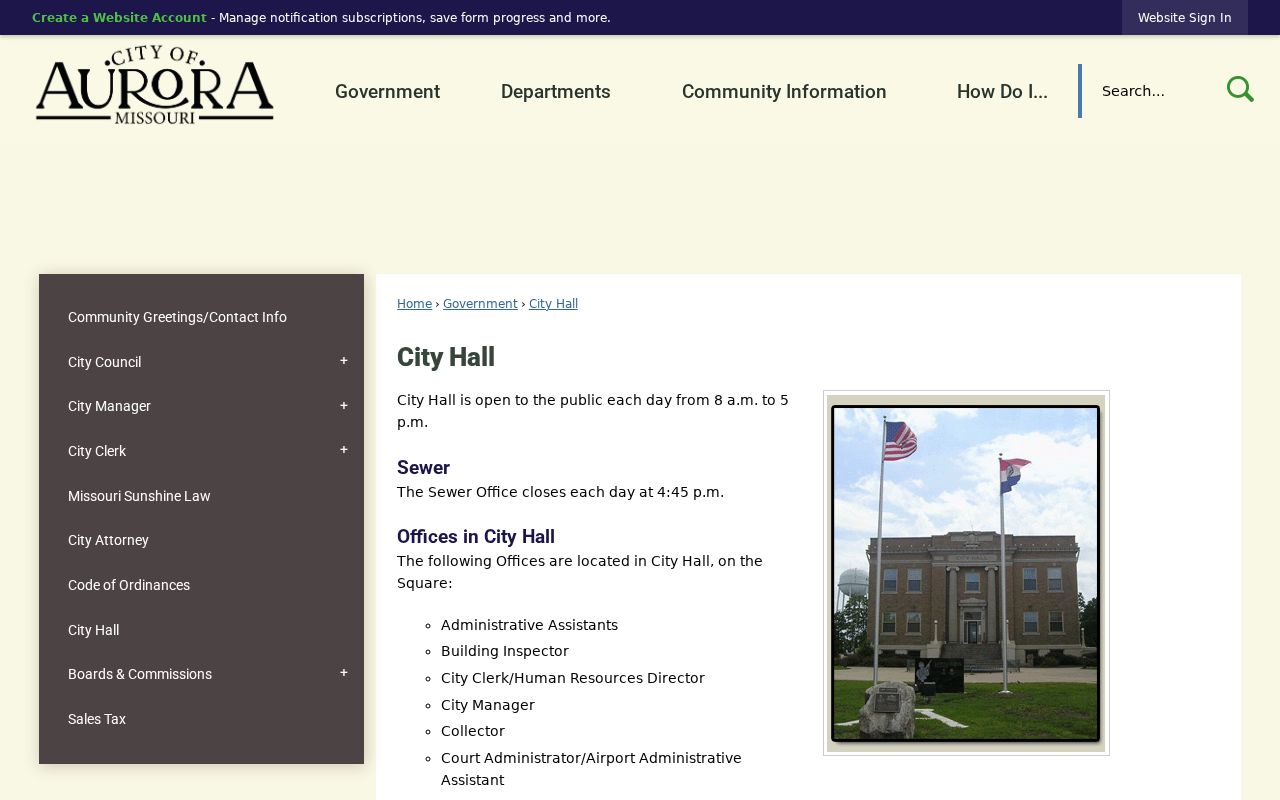 Aurora Missouri court records source showing Aurora City Hall municipal court building