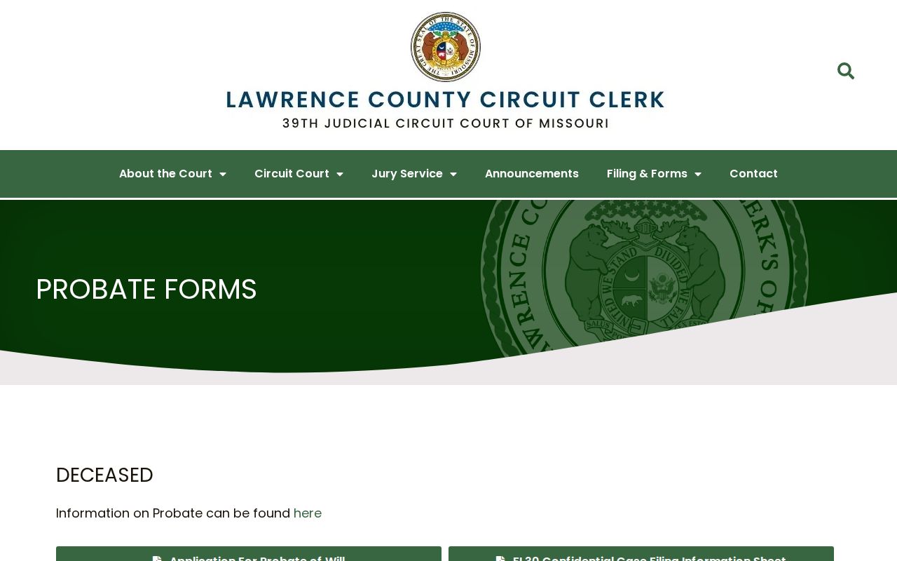 Lawrence County civil court docket records and probate forms reference