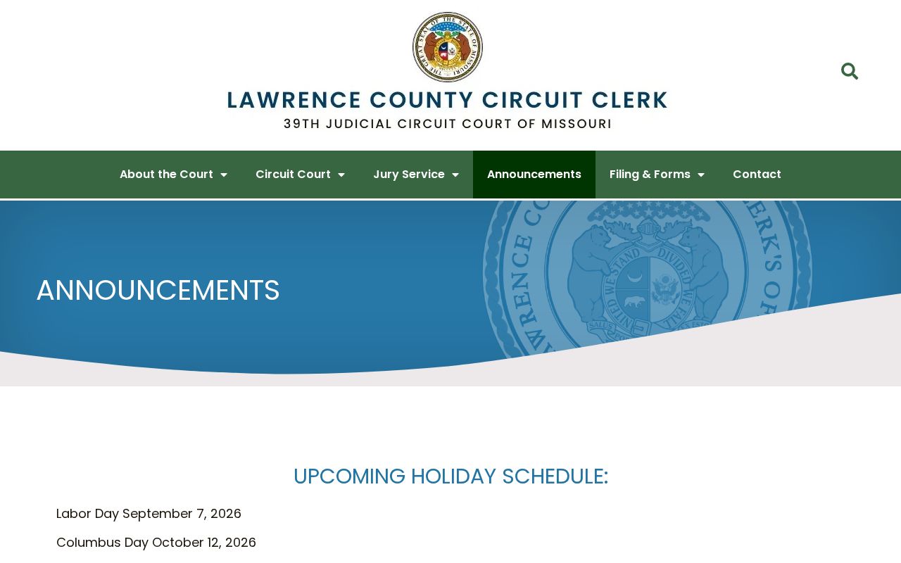 Lawrence County court schedule reference showing official court announcements