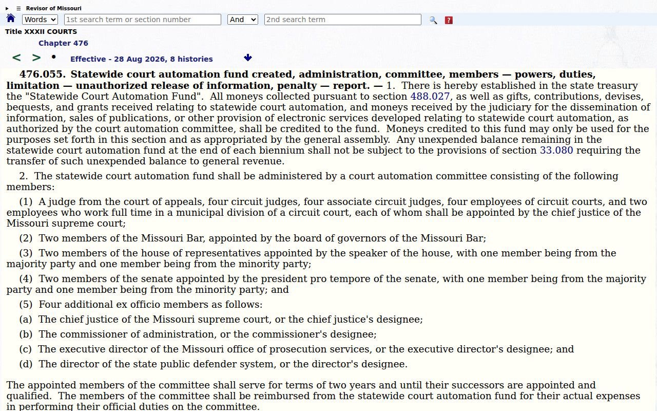 Lawrence County criminal court docket access reference showing Missouri court automation law